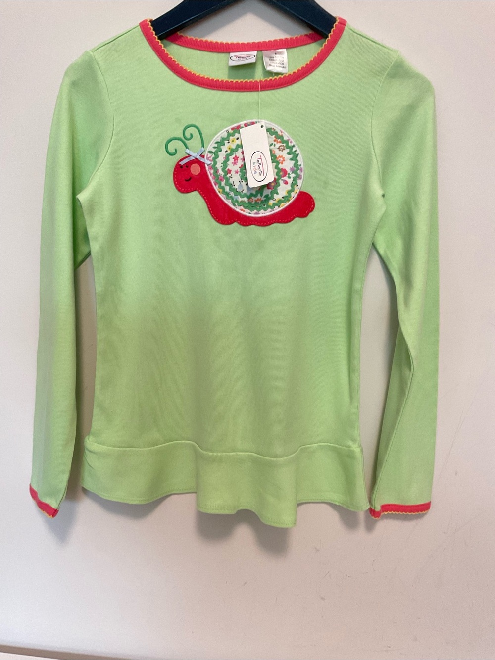 Talbots Kids Girls' Light Green Snail Appliqué  Top with Coral Trim Size 8
